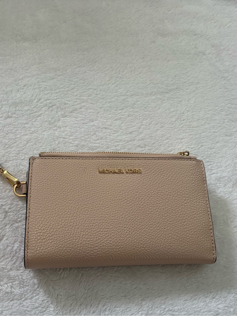 Michael Kors Pebbled Leather Wristlet in Taupe Beige with Gold Hardware
